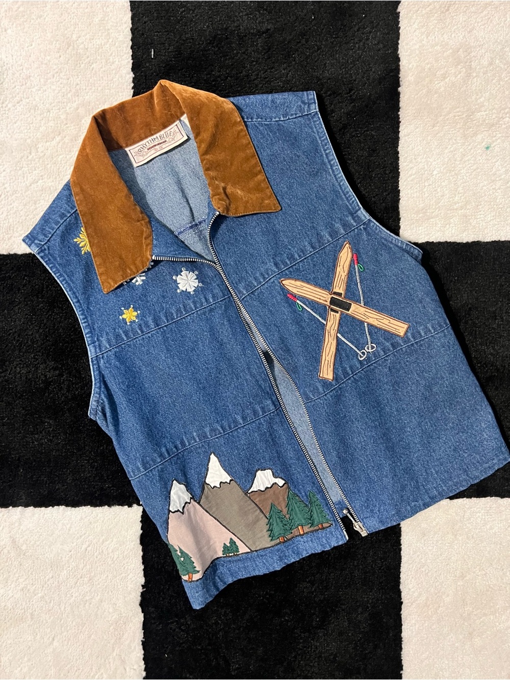 Denim Zip-Front Vest with Brown Corduroy Collar Small-medium